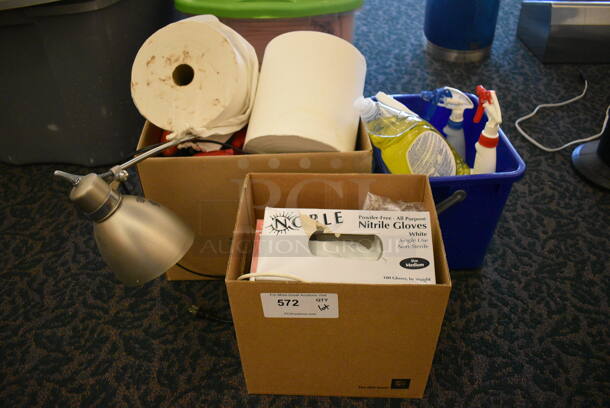 ALL ONE MONEY! Lot of 3 Bins of Various Items Including Cleaner, Gloves, Paper Towels and Lamp! (ballroom)
