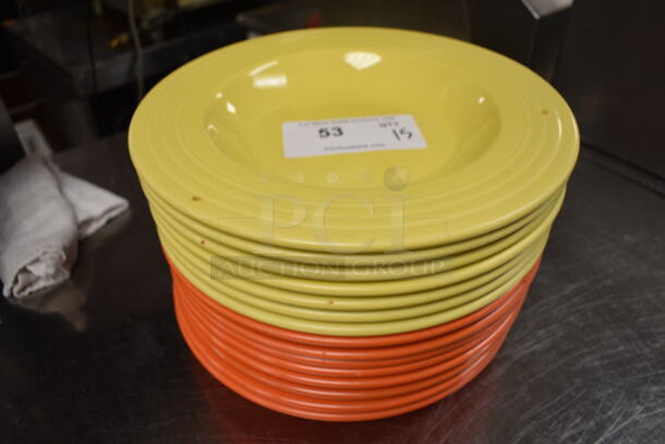 15 Fiestaware Ceramic Plates; 7 Yellow and 8 Orange. 12x12x1.5. 15 Times Your Bid! (kitchen)