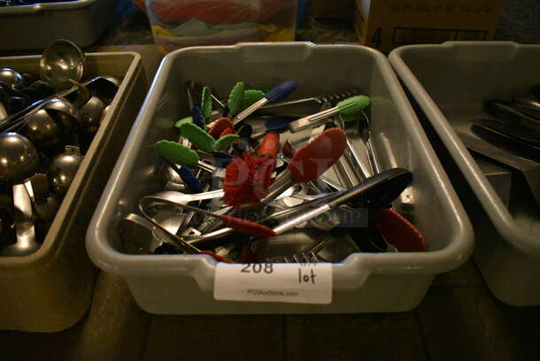 ALL ONE MONEY! Lot of Various Metal Tongs in Gray Poly Bus Bin. 15x22x5. (buffet)