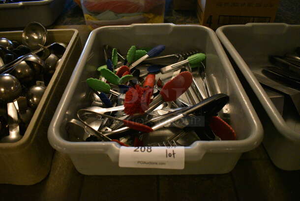 ALL ONE MONEY! Lot of Various Metal Tongs in Gray Poly Bus Bin. 15x22x5. (buffet) - Image 1 of 5