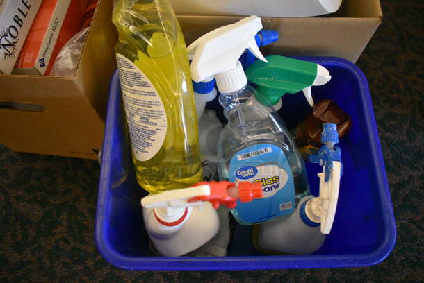 ALL ONE MONEY! Lot of 3 Bins of Various Items Including Cleaner, Gloves, Paper Towels and Lamp! (ballroom) - Image 3 of 5