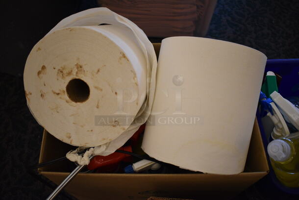 ALL ONE MONEY! Lot of 3 Bins of Various Items Including Cleaner, Gloves, Paper Towels and Lamp! (ballroom) - Image 4 of 5