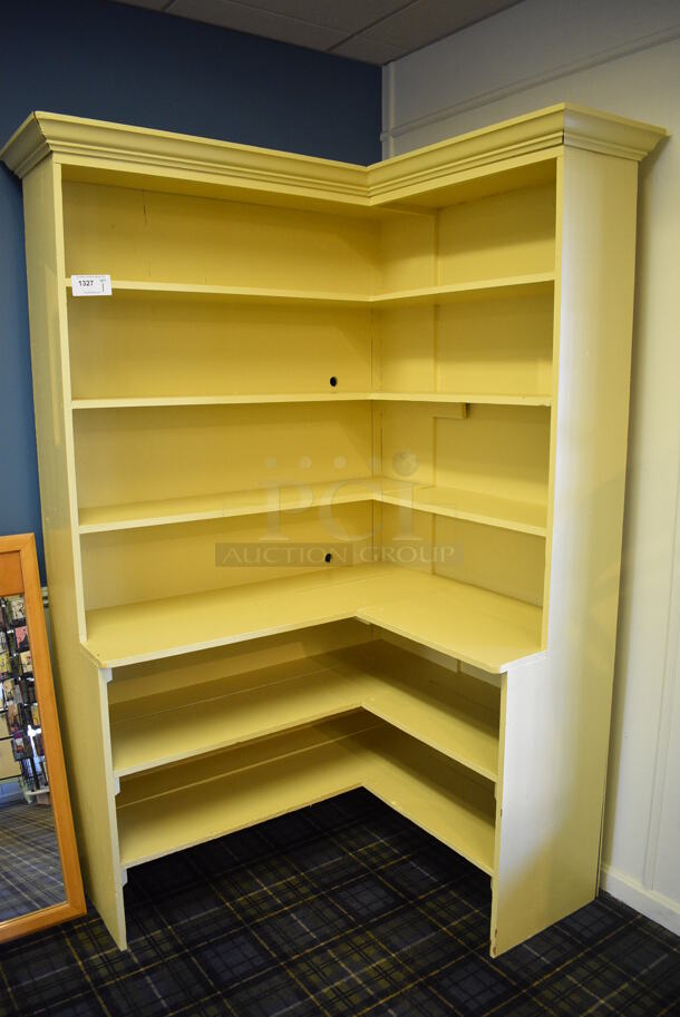 Yellow Wooden L Shaped Shelving Unit. BUYER MUST REMOVE. 50x41x86. (blue retail store)