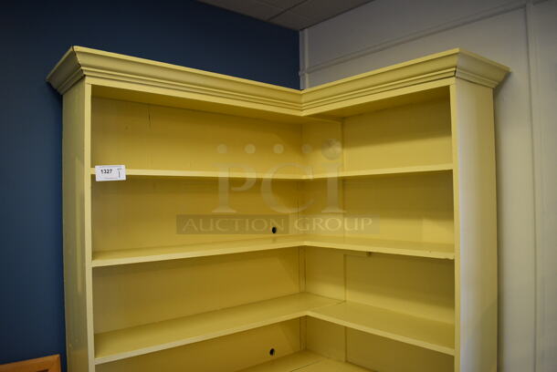 Yellow Wooden L Shaped Shelving Unit. BUYER MUST REMOVE. 50x41x86. (blue retail store) - Image 2 of 4