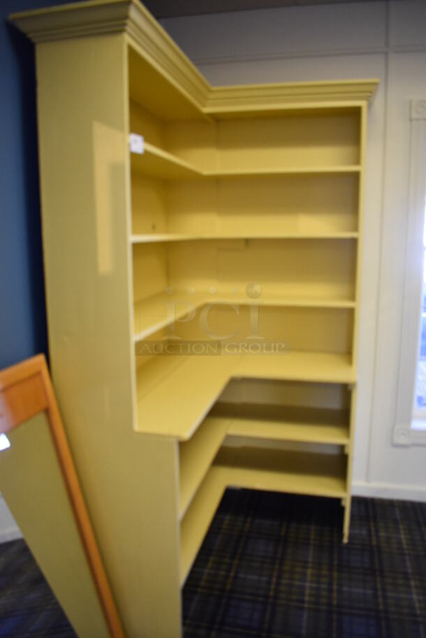Yellow Wooden L Shaped Shelving Unit. BUYER MUST REMOVE. 50x41x86. (blue retail store) - Image 4 of 4