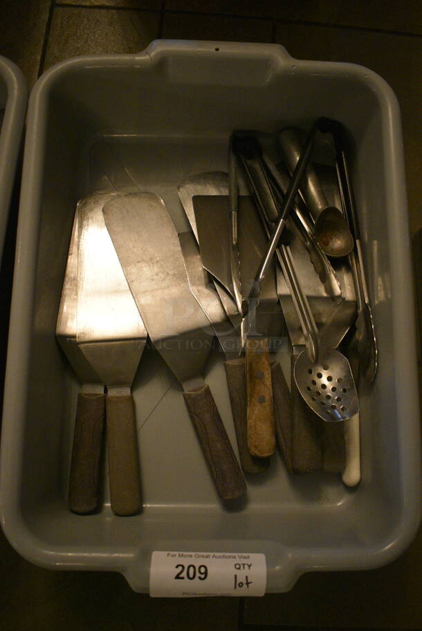 ALL ONE MONEY! Lot of Various Metal Utensils Including Spatulas in Gray Poly Bus Bin. 15x22x5. (buffet)