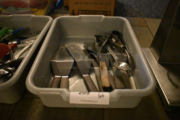 ALL ONE MONEY! Lot of Various Metal Utensils Including Spatulas in Gray Poly Bus Bin. 15x22x5. (buffet) - Image 2 of 3
