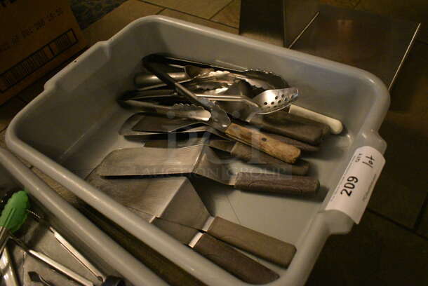 ALL ONE MONEY! Lot of Various Metal Utensils Including Spatulas in Gray Poly Bus Bin. 15x22x5. (buffet) - Image 3 of 3