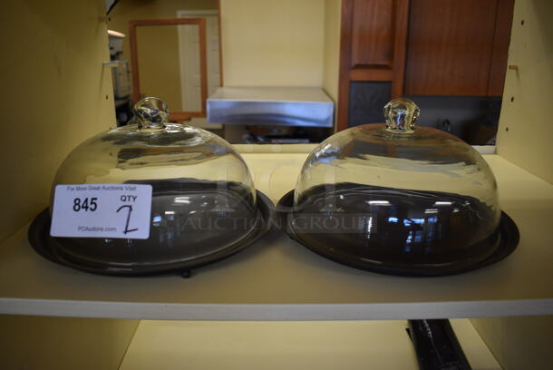 2 Black Cake Trays w/ Glass Dome Lids. 11x11x6.5. 2 Times Your Bid! (gift shop)