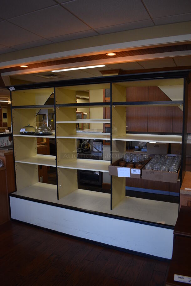 Black and White Wood Pattern Shelving Unit. BUYER MUST REMOVE. 100x28.5x81.5. (gift shop) - Image 1 of 3