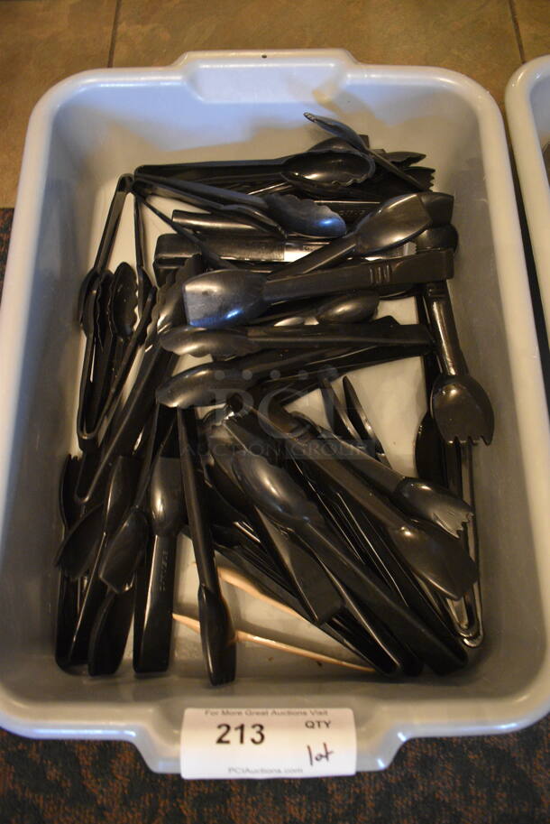 ALL ONE MONEY! Lot of Black Poly Tongs in Gray Poly Bus Bin! 15x22x5. (buffet)