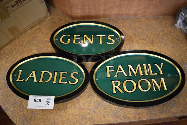 3 Green, Black and Gold Oval Signs; Gents, Ladies and Family Room. 14x1.5x9. 3 Times Your Bid! (gift shop)