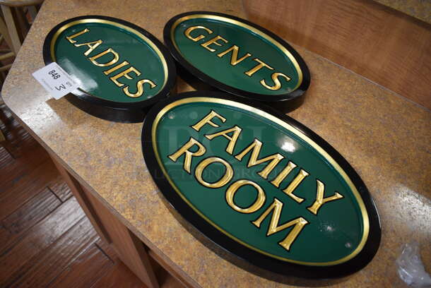 3 Green, Black and Gold Oval Signs; Gents, Ladies and Family Room. 14x1.5x9. 3 Times Your Bid! (gift shop) - Image 2 of 3