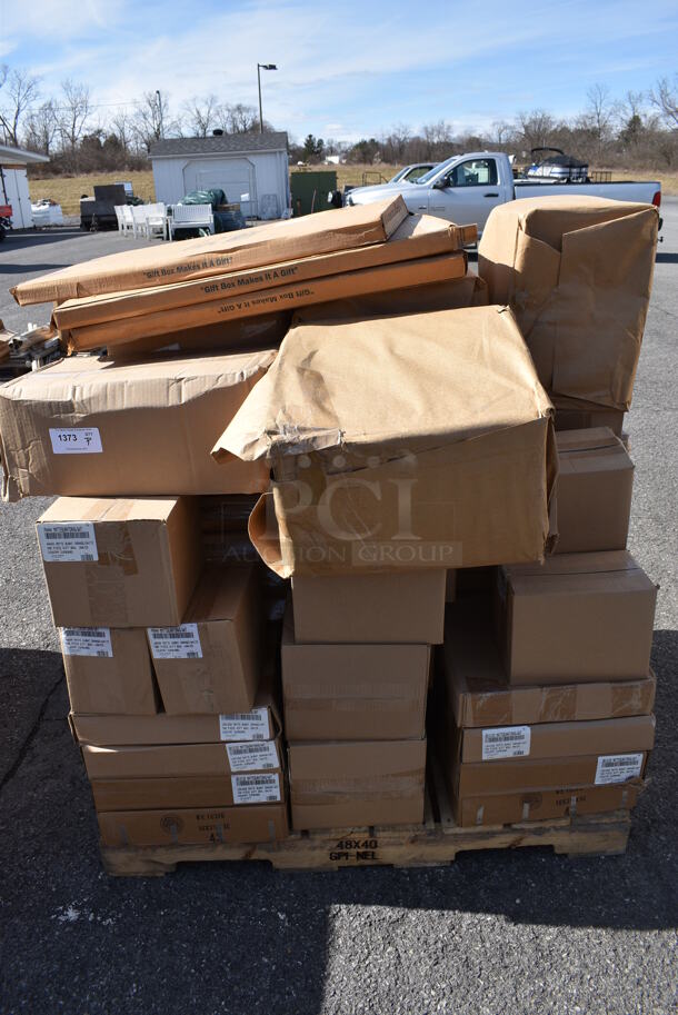 ALL ONE MONEY! Pallet Lot of Various Items Including Matte Burnt Orange Gift Boxes. (warehouse) - Image 1 of 6