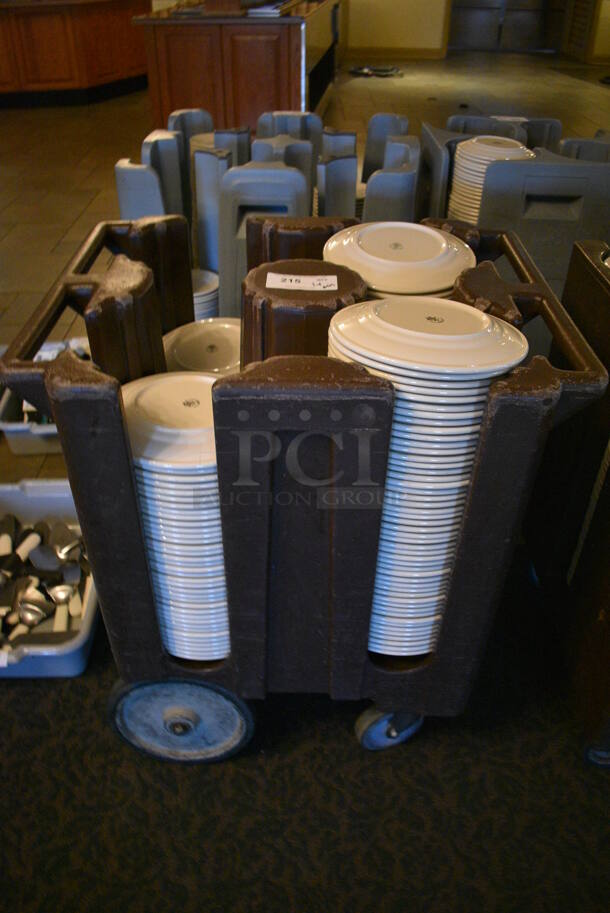 Brown Poly Dish Cart w/ Push Handles and White Ceramic Plates on Commercial Casters. 29x23x31.5. 9.75x9.75x1. (buffet)