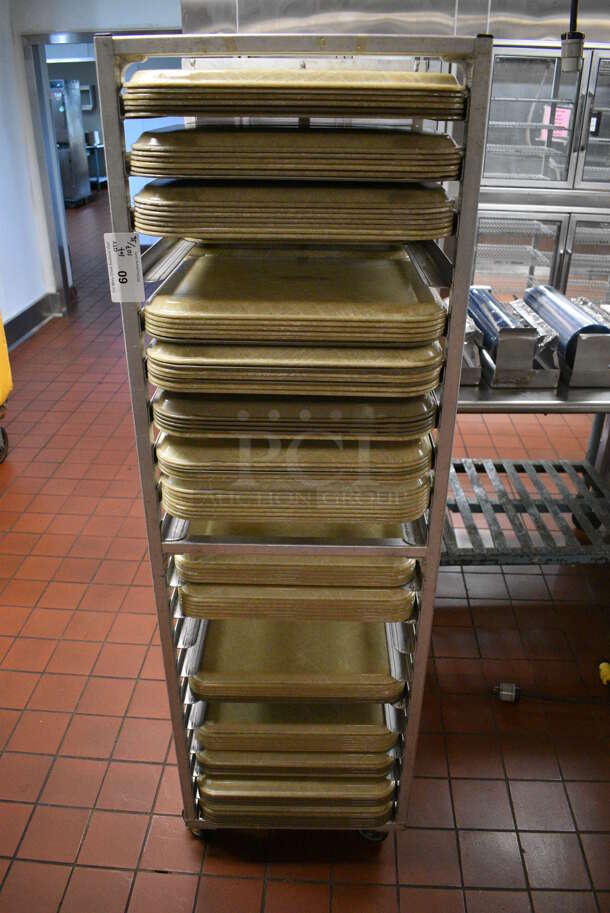 Metal Commercial Pan Transport Rack w/ 143 Various Trays on Commercial Casters. 20.5x26x68. 14x18x0.5, 18x26x1. (kitchen)