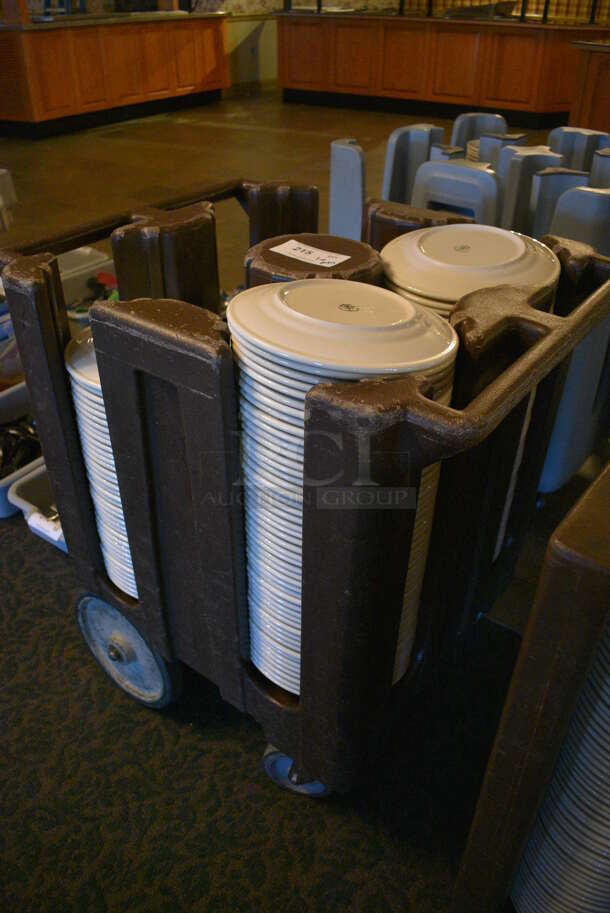 Brown Poly Dish Cart w/ Push Handles and White Ceramic Plates on Commercial Casters. 29x23x31.5. 9.75x9.75x1. (buffet) - Image 3 of 4