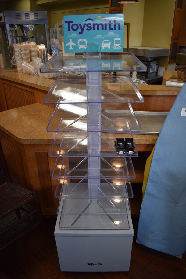 Gray and Clear Floor Style Top Display Rack on Commercial Casters. 19x19x59. (gift shop)