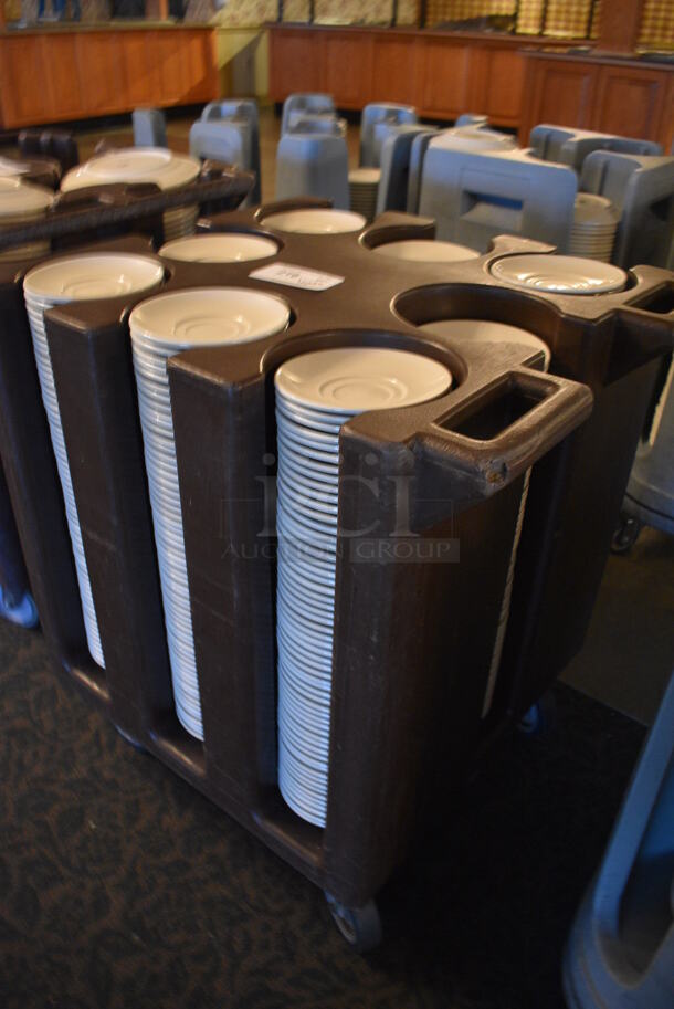 Brown Poly Dish Cart w/ Push Handles and White Ceramic Saucers on Commercial Casters. 27x24.5x31. 6.25x6.25x1. (buffet) - Image 3 of 5