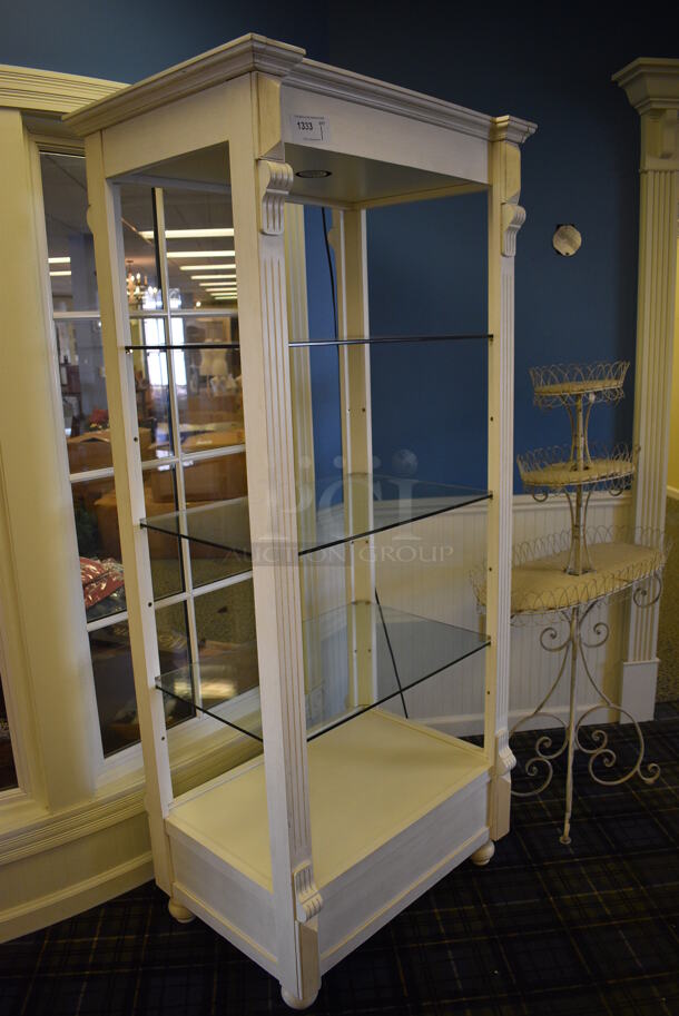 White Wooden Shelving Unit w/ Glass Shelves. 33x25x79. (blue retail store) - Image 3 of 4