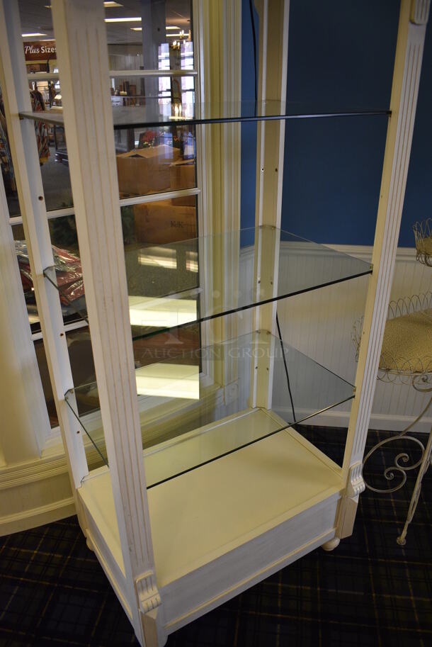 White Wooden Shelving Unit w/ Glass Shelves. 33x25x79. (blue retail store) - Image 4 of 4