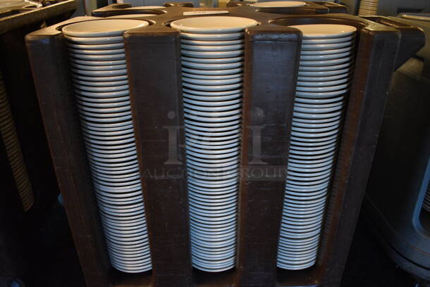 Brown Poly Dish Cart w/ Push Handles and White Ceramic Saucers on Commercial Casters. 27x24.5x31. 6.25x6.25x1. (buffet) - Image 5 of 5