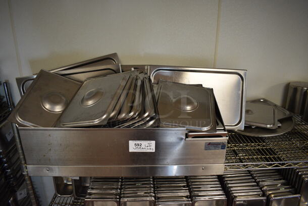 ALL ONE MONEY! Lot of Various Stainless Steel Drop In Bin Lids Including Full and Half Size in Metal Bin! (drop in bin kitchen)