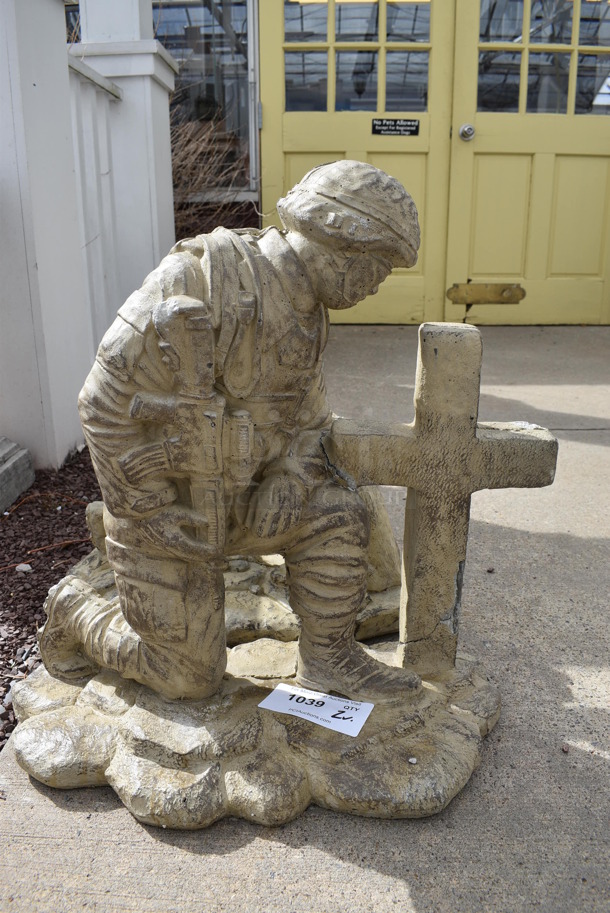 2 Various Stone Statues; Soldier w/ Cross and Soldier w/ Dog. 20x12x21, 20x10x18. 2 Times Your Bid! (greenhouse patio)