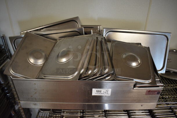 ALL ONE MONEY! Lot of Various Stainless Steel Drop In Bin Lids Including Full and Half Size in Metal Bin! (drop in bin kitchen) - Image 2 of 5