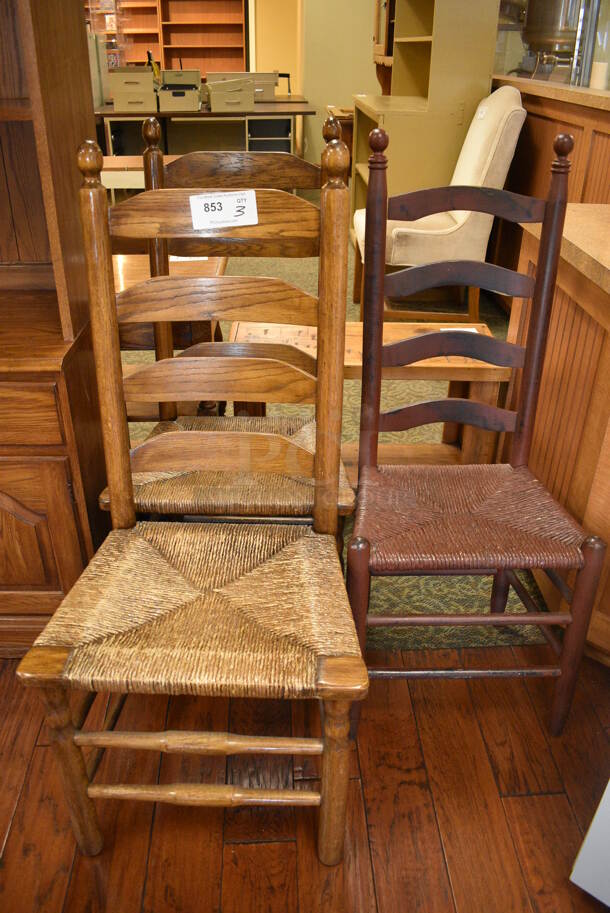 3 Various Wooden Dining Chairs w/ Wicker Style Seats. Includes 19.5x17x42.5. 3 Times Your Bid! (gift shop)
