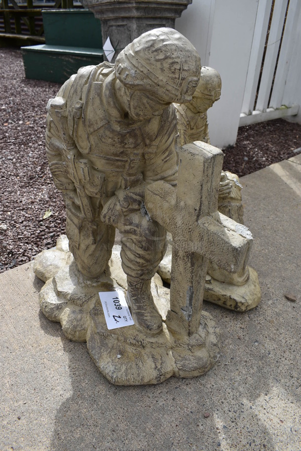 2 Various Stone Statues; Soldier w/ Cross and Soldier w/ Dog. 20x12x21, 20x10x18. 2 Times Your Bid! (greenhouse patio) - Image 2 of 5