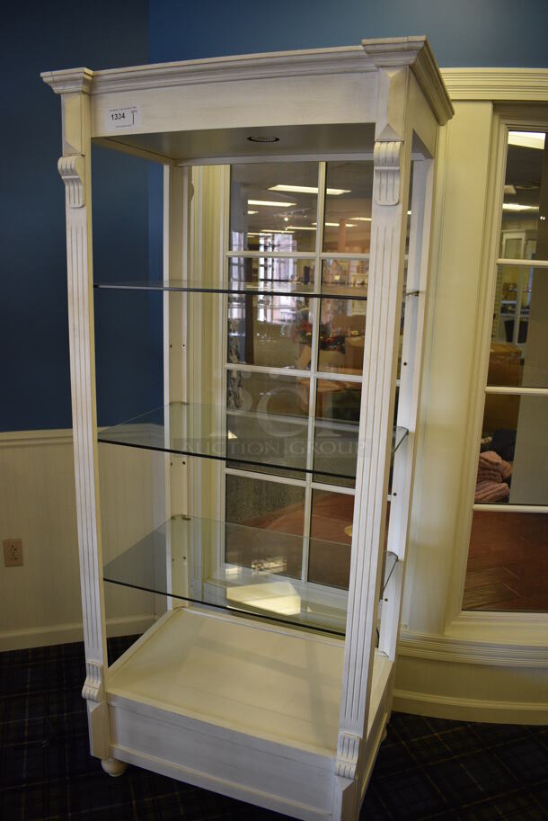 White Wooden Shelving Unit w/ Glass Shelves. 33x25x79. (blue retail store) - Image 2 of 4