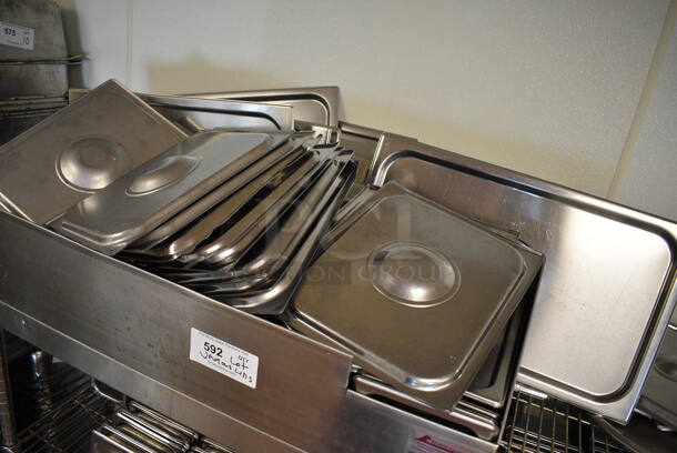 ALL ONE MONEY! Lot of Various Stainless Steel Drop In Bin Lids Including Full and Half Size in Metal Bin! (drop in bin kitchen) - Image 3 of 5