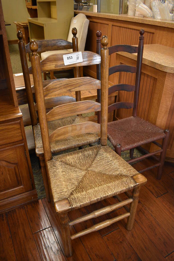 3 Various Wooden Dining Chairs w/ Wicker Style Seats. Includes 19.5x17x42.5. 3 Times Your Bid! (gift shop) - Image 2 of 4