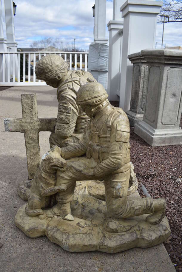 2 Various Stone Statues; Soldier w/ Cross and Soldier w/ Dog. 20x12x21, 20x10x18. 2 Times Your Bid! (greenhouse patio) - Image 3 of 5