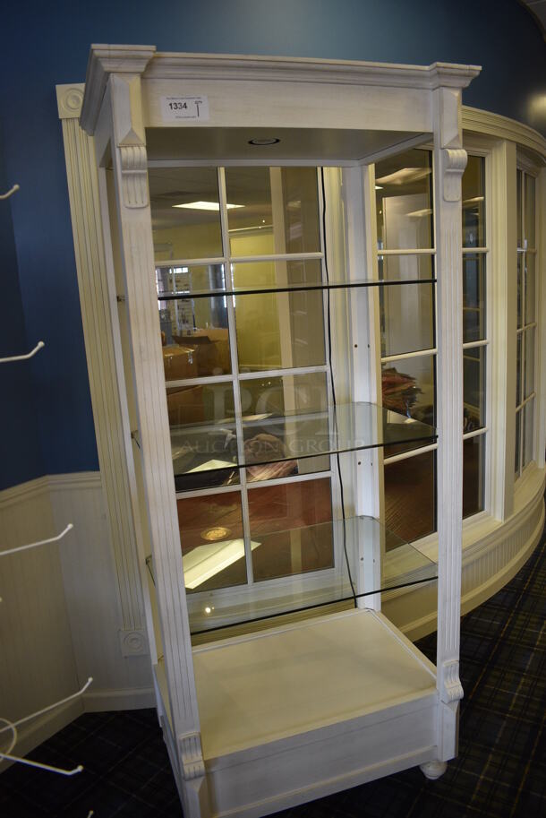 White Wooden Shelving Unit w/ Glass Shelves. 33x25x79. (blue retail store) - Image 3 of 4