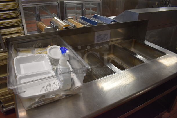 Stainless Steel Commercial Electric Powered 4 Bay Steam Table w/ Under Shelf and Bin of Various Paper Products on Commercial Casters. 64x36x46. Unit Was In Working Condition When Restaurant Closed. (kitchen) - Image 4 of 8