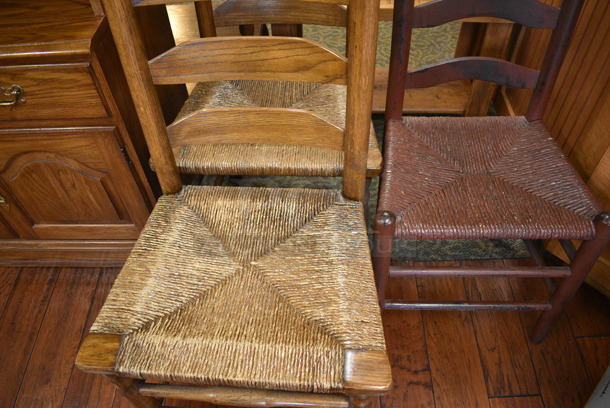 3 Various Wooden Dining Chairs w/ Wicker Style Seats. Includes 19.5x17x42.5. 3 Times Your Bid! (gift shop) - Image 3 of 4