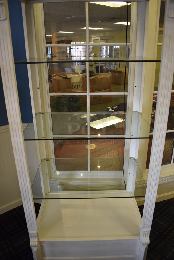White Wooden Shelving Unit w/ Glass Shelves. 33x25x79. (blue retail store) - Image 4 of 4