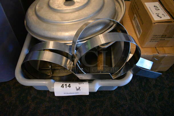ALL ONE MONEY! Lot of Various Metal Items Including Lids and 5 Bacon Presses in Gray Poly Bin! 21x15x5. (main dining room) - Image 2 of 4