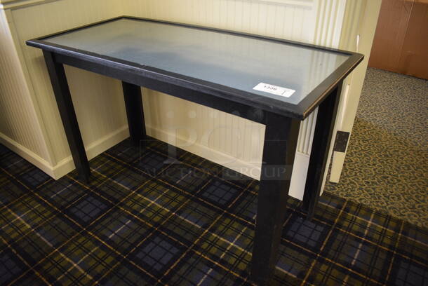 Black Wooden Table w/ Metal Tabletop. 48x22x30. (blue retail store)