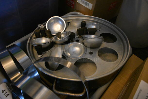 ALL ONE MONEY! Lot of Various Metal Items Including Lids and 5 Bacon Presses in Gray Poly Bin! 21x15x5. (main dining room) - Image 3 of 4