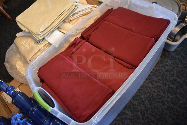 ALL ONE MONEY! Lot of Red Tablecloths in Clear Bin! 34x20x15. 54x54. (main dining room) - Image 2 of 5