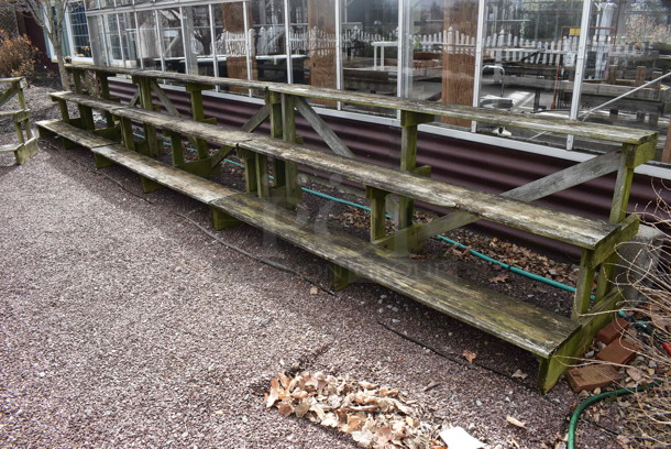 6 Wooden 3 Tier Benches. BUYER MUST REMOVE. 96x31x37. 6 Times Your Bid! (greenhouse patio)