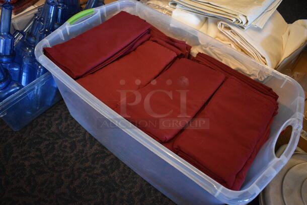 ALL ONE MONEY! Lot of Red Tablecloths in Clear Bin! 34x20x15. 54x54. (main dining room) - Image 3 of 5
