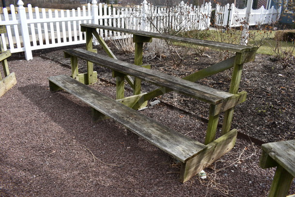6 Wooden 3 Tier Benches. BUYER MUST REMOVE. 96x31x37. 6 Times Your Bid! (greenhouse patio) - Image 6 of 7