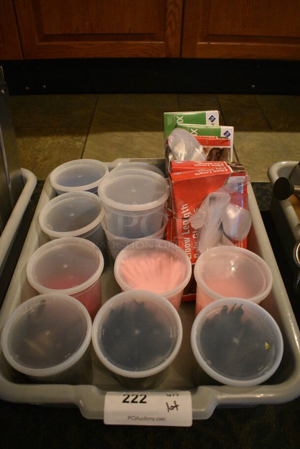 ALL ONE MONEY! Lot of Various Gloves and Food Stakes in Gray Poly Bus Bin! 15x22x5. (buffet) - Image 1 of 4