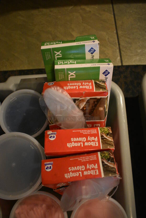 ALL ONE MONEY! Lot of Various Gloves and Food Stakes in Gray Poly Bus Bin! 15x22x5. (buffet) - Image 3 of 4