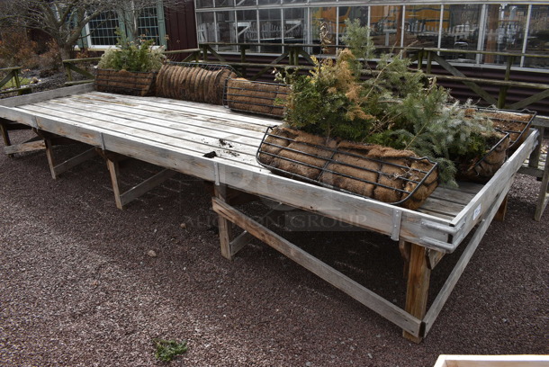 Wooden Stand w/ 6 Metal Planters. BUYER MUST REMOVE. 218x72x28.5. (greenhouse patio)