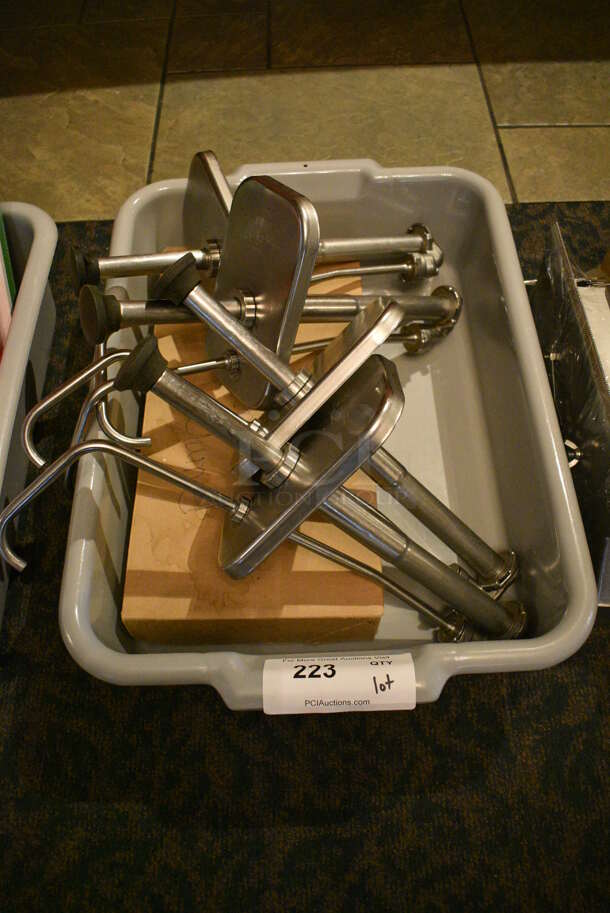 ALL ONE MONEY! Lot of 4 Stainless Steel Food Warmer Pump Lids in Gray Poly Bus Bin! 5x12x15 (buffet) - Image 1 of 4